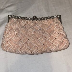 Chic Woven Pink Clutch with Rhinestone Trim